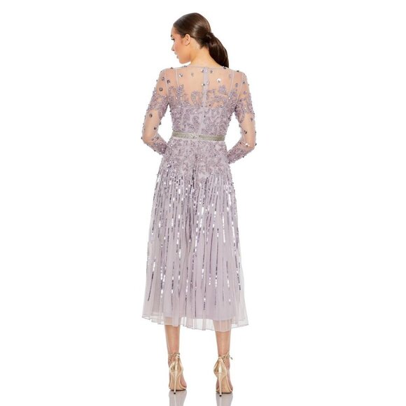 NWT Mac Duggal Illusion High Neck Long-Sleeve Tea Length Dress Lilac #9857 - Picture 4 of 8